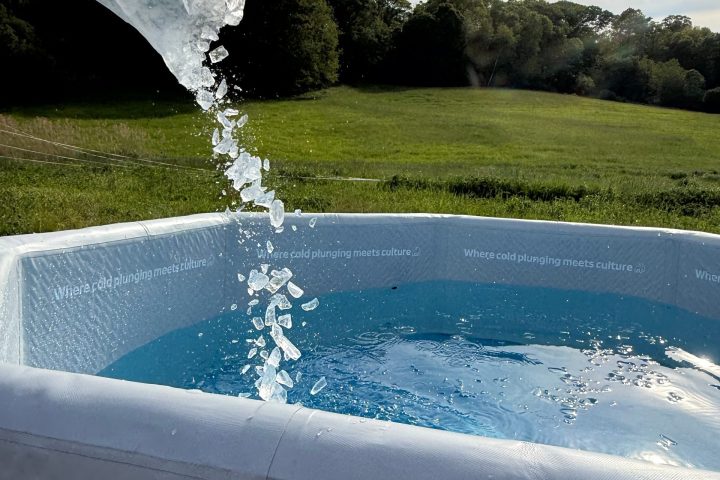 Person pouring ice into a blue outdoor pool with grassy field in background.